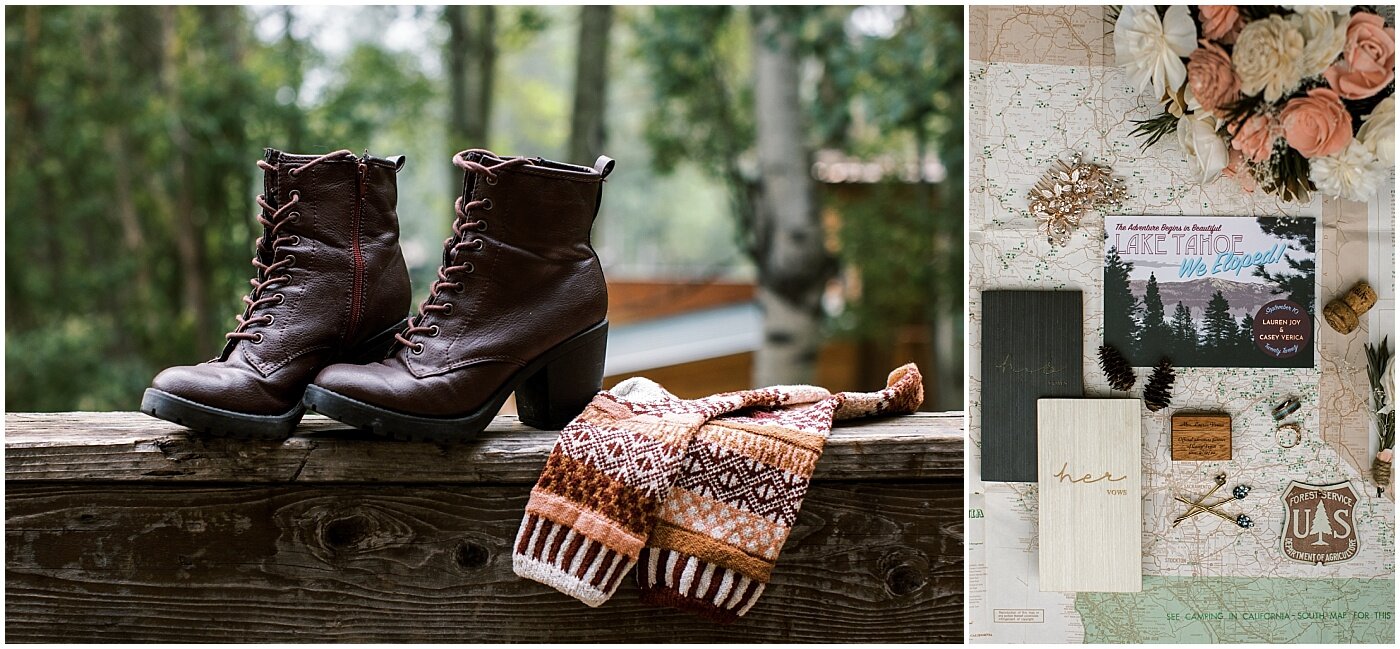 Hiking boots and elopement details - vow books, flowers, invitations