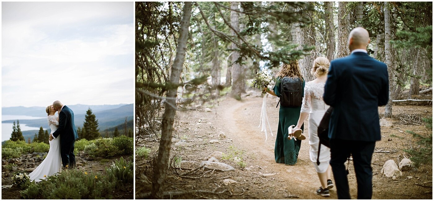bride and groom hiking to their elopement location in lake tahoe