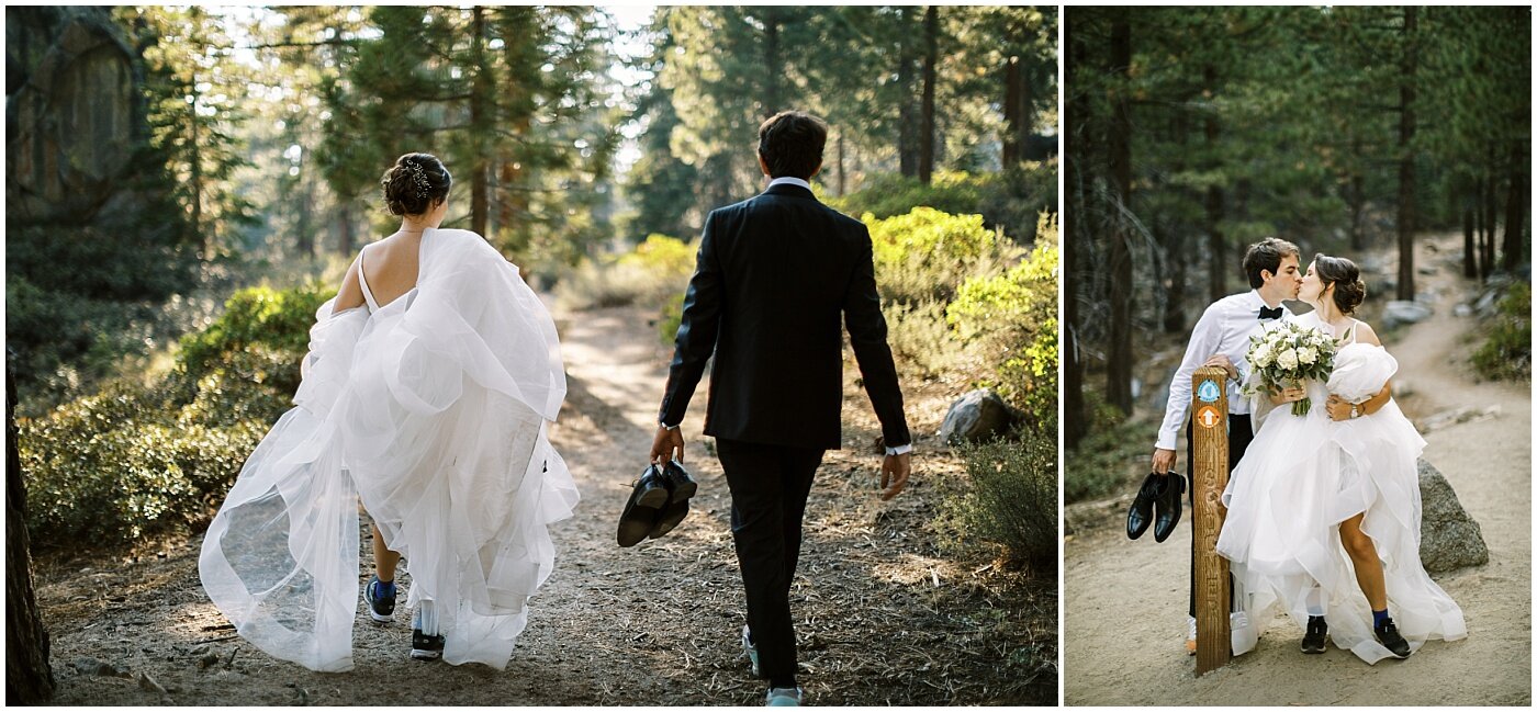 bride and groom hiking to their elopement location in lake tahoe