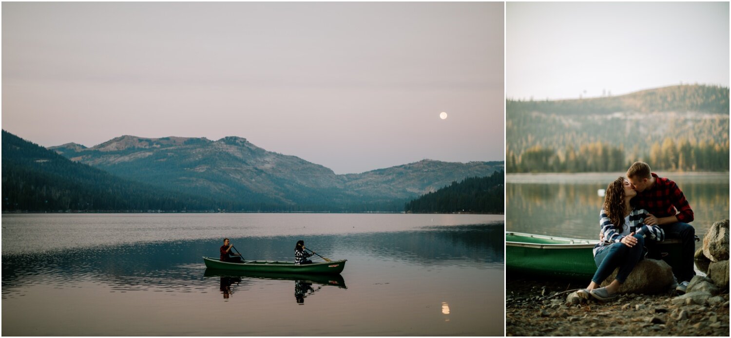 couple sailing in a canoe at lake tahoe on their elopement day