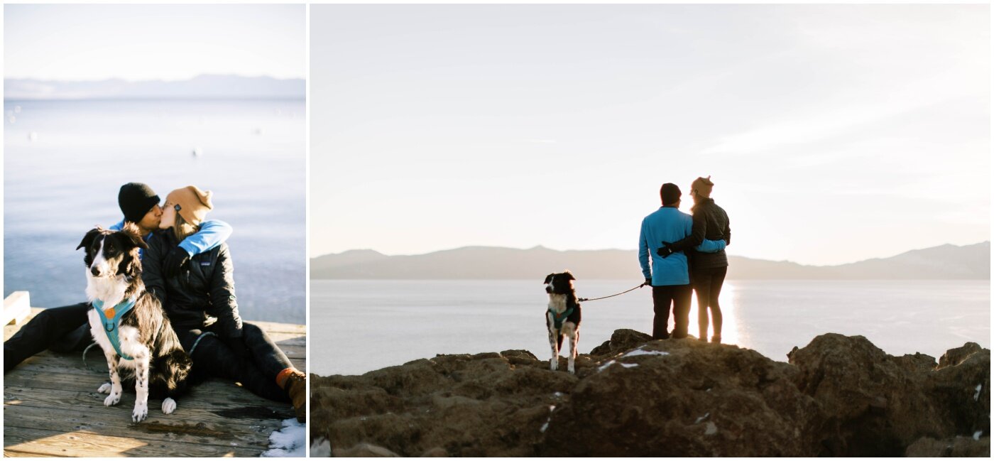 bride and groom hiking with their dog after their elopement