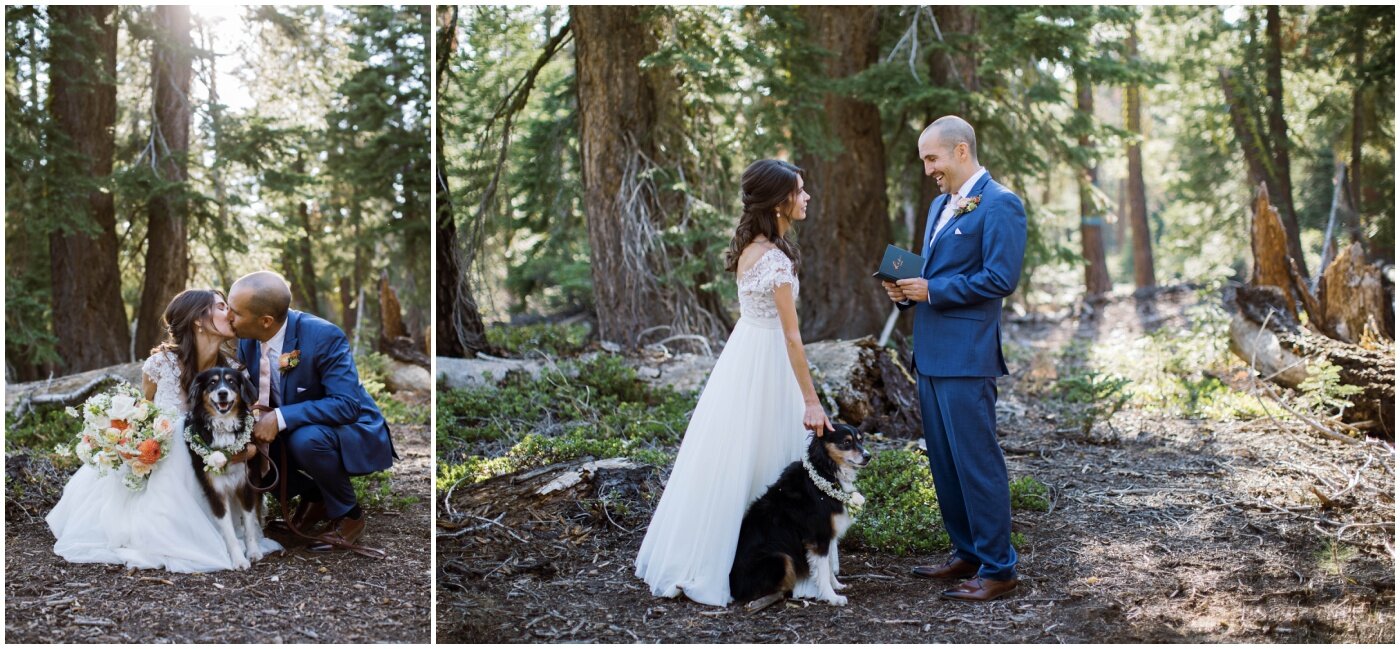 bride and groom exchanging vows with their dog by their side
