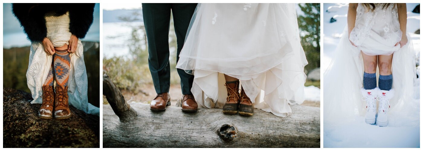 bride wearing hiking boots with her wedding dress in the snow