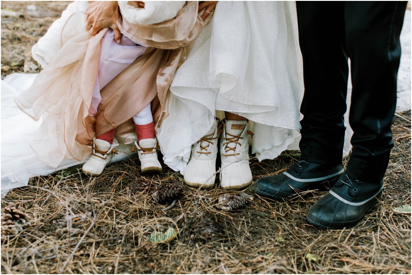 wedding guests wearing sturdy hiking boots to an elopement