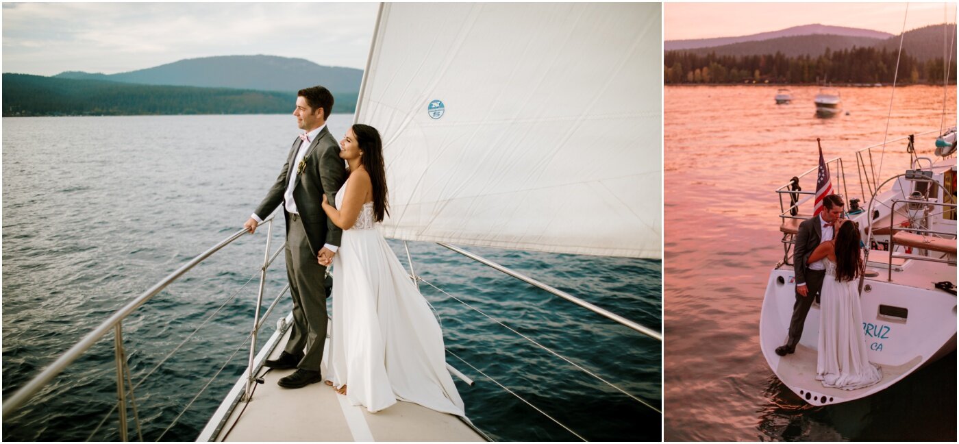couple sailing on a boat on lake tahoe after their elopement