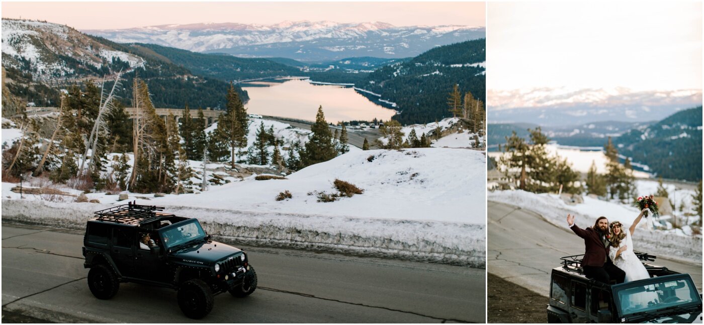 couple taking a scenic drive in lake tahoe after their elopement