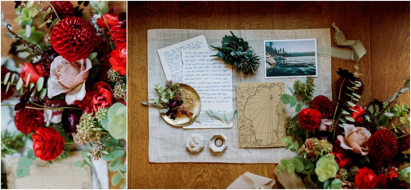 wedding day details, invitations, rings, flowers, and a postcard