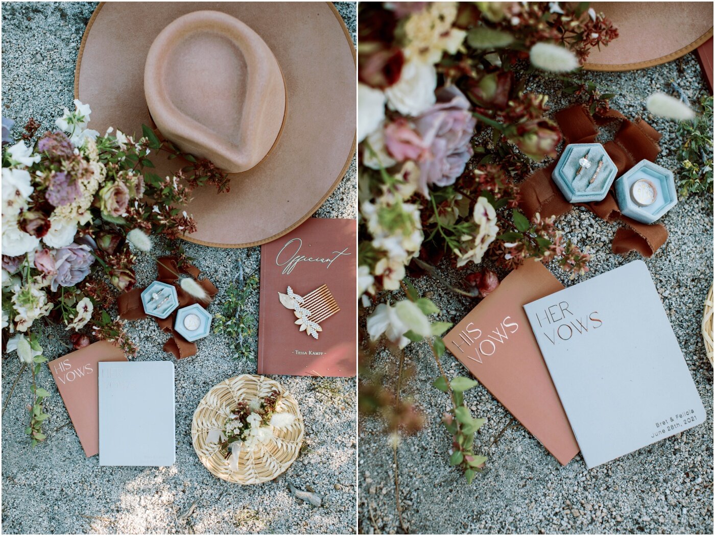 flat lay photo of wedding day details, his and hers vow books, blush hat, bridal bouquet, brides hair clip and wedding rings