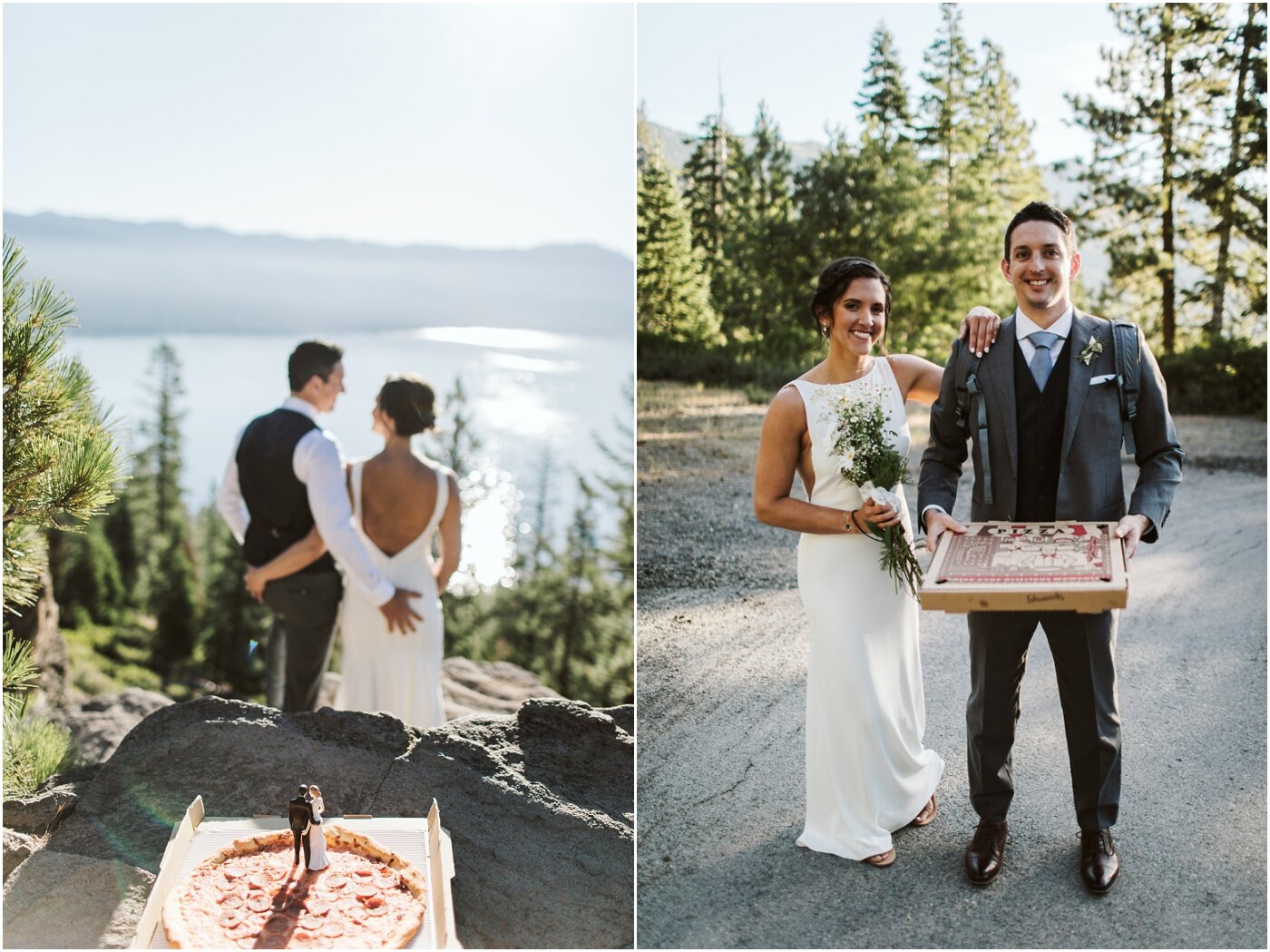 couple enjoying pizza on their elopement day